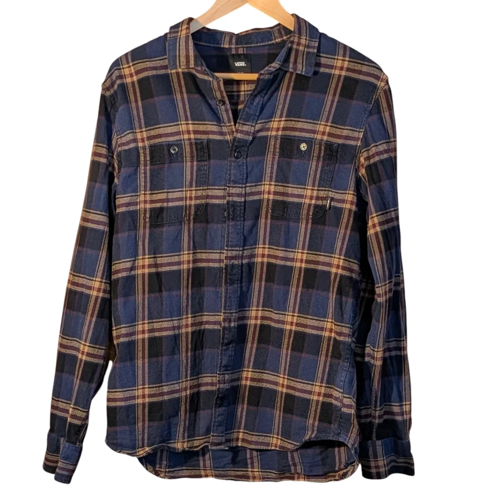 Vans Men's Navy and Tan Plaid Button Down Shirt Casual Lumberjack Flannel